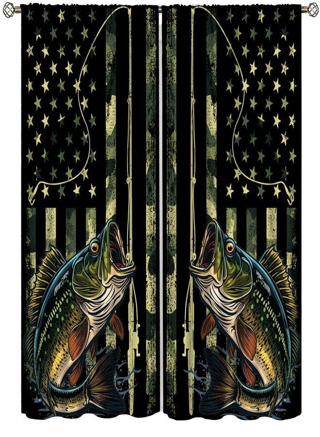 AAVEUP Country Fishing Curtains for Bedroom,Vintage Rustic Hunting Green Camo Pond Fishing Bass American Flag Patterns Window Drapes for Boys Men Living Room Country Cottage 42x45in（No Blackout） - Image 1